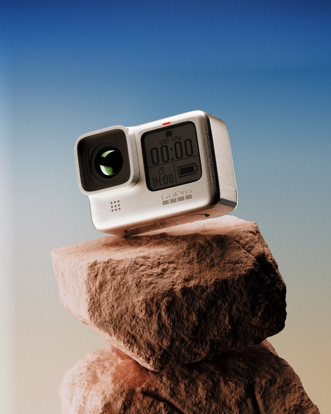 The same action camera on a desert rock