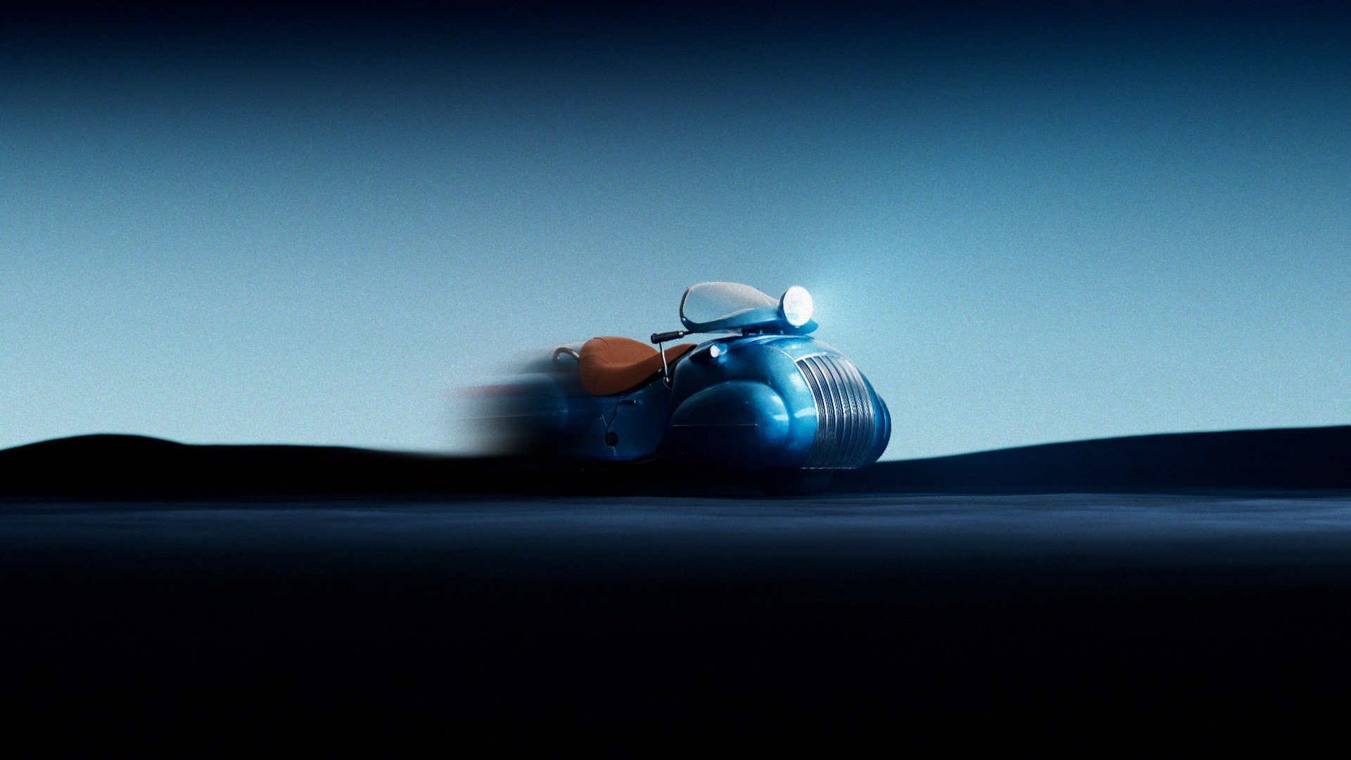 Blue retro motorcycle render at dusk